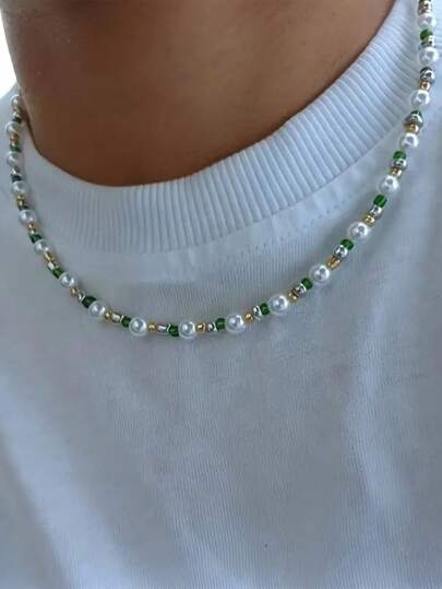 1 件手工制作的珍珠和玻璃珠匹配的男女通用项链