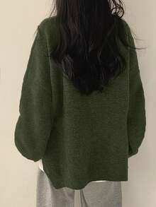 كنزة صوفية كروشيه طويلة الأكمام بياقة طاقم، فضفاضة، لون أحادي للنساء