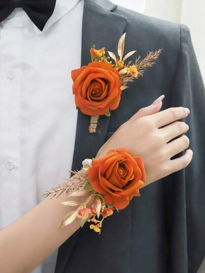 Set de 2 piezas de Corsage y Brazalete con Rosa de Princesa, Cielo Estrellado y Hoja Dorada, Elegante para Novia, Dama de Honor, Boda, Decoración Festiva. Accesorios para el Día de San Valentín