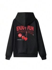 2025 Women's New Casual Pullover Cherry Letter Slogan Print Fashionable Loose Fit Long Sleeve Thermal Lined Hooded Sweatshirt, A Must-Have For Exploration: Discover Our Ladies Hoodies - Black - View 4