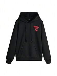 2025 Women's New Casual Pullover Cherry Letter Slogan Print Fashionable Loose Fit Long Sleeve Thermal Lined Hooded Sweatshirt, A Must-Have For Exploration: Discover Our Ladies Hoodies - Black - View 3