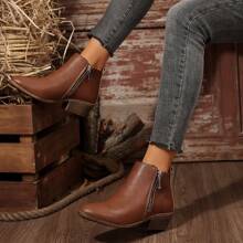 1 双新款时尚潮流女靴，粗跟，带侧拉链，棕色，适合秋冬季 - 棕色 - 查看 3