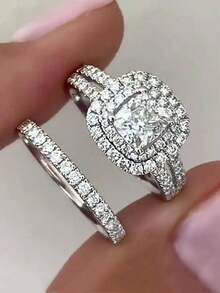 2 件/套经典方晶锆石戒指，适合女士，适合情人节礼物，结婚周年纪念派对珠宝 - 1# - 查看 9