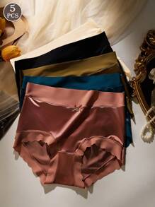 5 Pcs Of Women's Non-Marking Satin Mid-Waist Ruffled Mulberry Silk Bottom Crotch Hip-Lifting Panties