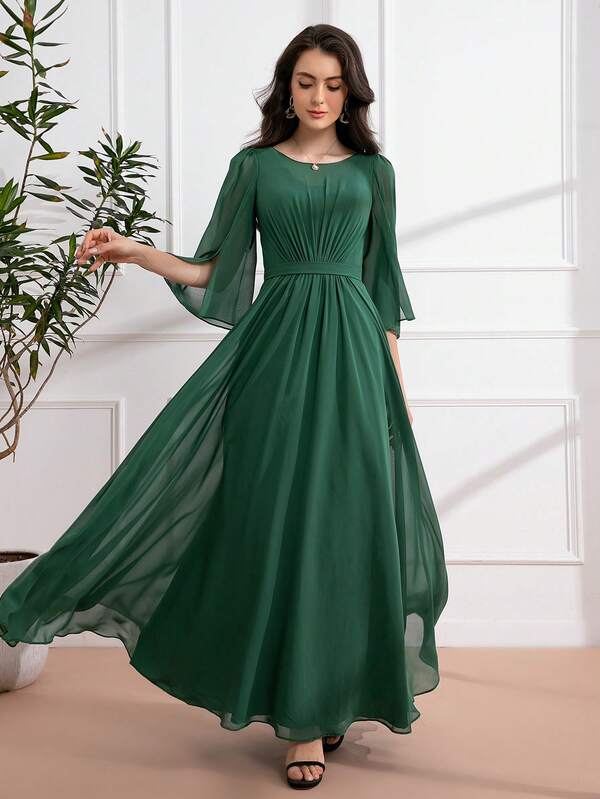 3/4 Sleeve Chiffon Pleated Dress