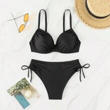 Bikini With Resistant Padded Bra High Waist Panties Hot Pants Tie 48-54 - 黑色 - 查看 3