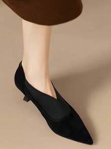 Women's Black Pointed Toe High Heel Pumps, French Pointed Design Versatile High Heels, New Fashion Elegant V-Cut Stilettos