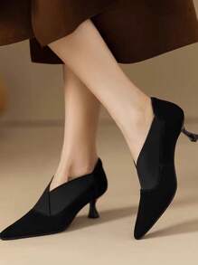 Women's Black Pointed Toe High Heel Pumps, French Pointed Design Versatile High Heels, New Fashion Elegant V-Cut Stilettos