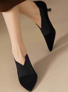 Women's Black Pointed Toe High Heel Pumps, French Pointed Design Versatile High Heels, New Fashion Elegant V-Cut Stilettos