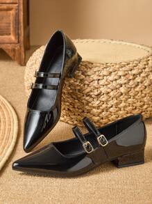女士尖头玛丽珍平底鞋，粗跟带扣，表面光滑，时尚黑色皮鞋，适合春秋季，芭蕾 - 黑色 - 查看 2