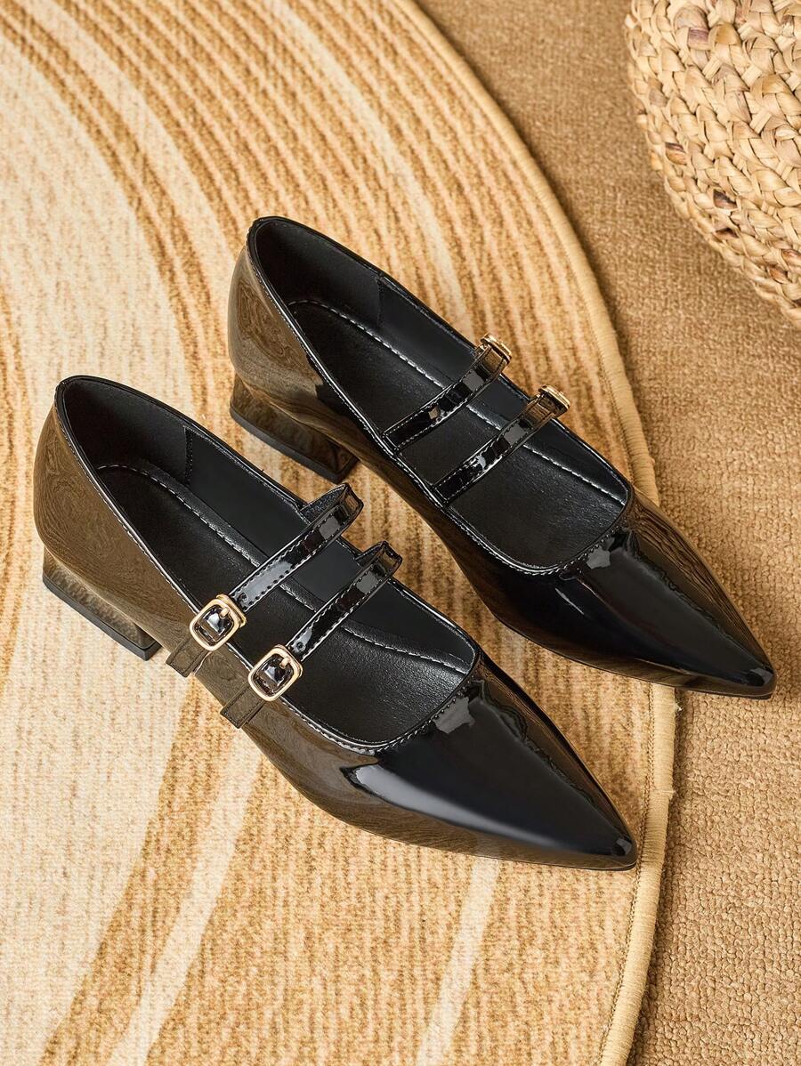 女士尖头玛丽珍平底鞋，粗跟带扣，表面光滑，时尚黑色皮鞋，适合春秋季，芭蕾 - 黑色 - 查看 1