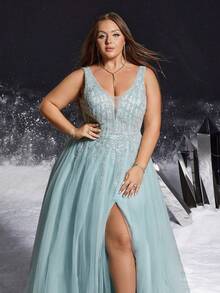 VIPGIRL 优雅大码蓝色 V 领亮片薄纱高开衩礼服，优雅派对，女士舞会礼服，婚礼宾客、毕业典礼、晚宴正式晚礼服 - 淺藍色 - 查看 5