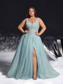 VIPGIRL 优雅大码蓝色 V 领亮片薄纱高开衩礼服，优雅派对，女士舞会礼服，婚礼宾客、毕业典礼、晚宴正式晚礼服 - 淺藍色 - 查看 4