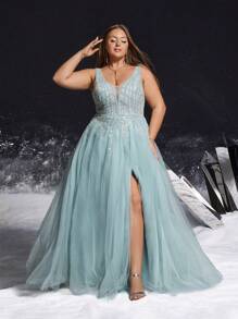 VIPGIRL 优雅大码蓝色 V 领亮片薄纱高开衩礼服，优雅派对，女士舞会礼服，婚礼宾客、毕业典礼、晚宴正式晚礼服 - 淺藍色 - 查看 3