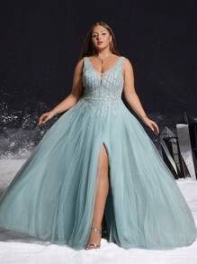 VIPGIRL 优雅大码蓝色 V 领亮片薄纱高开衩礼服，优雅派对，女士舞会礼服，婚礼宾客、毕业典礼、晚宴正式晚礼服 - 淺藍色 - 查看 6