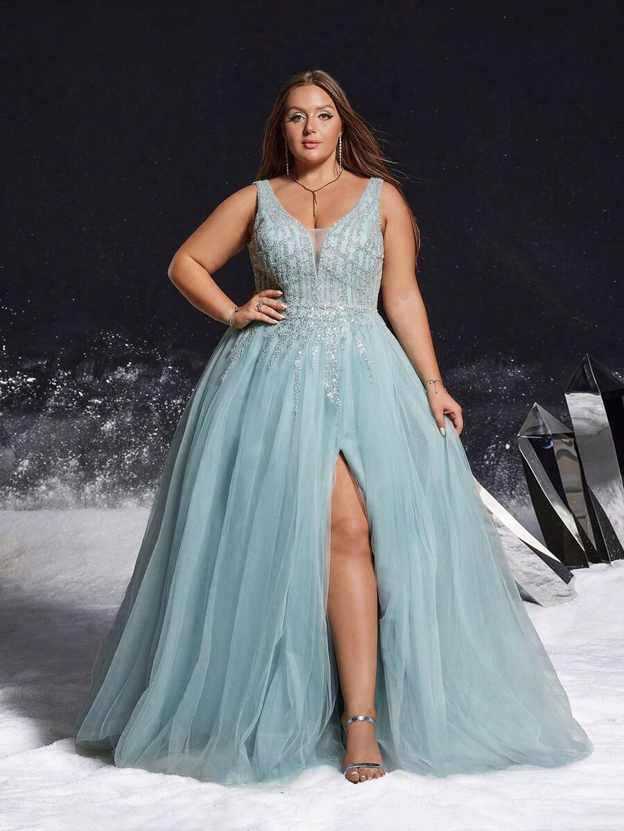 VIPGIRL 优雅大码蓝色 V 领亮片薄纱高开衩礼服，优雅派对，女士舞会礼服，婚礼宾客、毕业典礼、晚宴正式晚礼服 - 淺藍色 - 查看 1