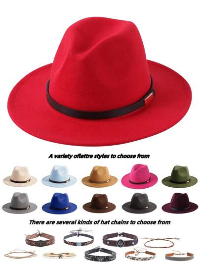 1pc Women's Western Style Hat, Premium Soft Felt Heart-Shaped Belt Decoration, Unisex Casual Versatile Fedora, Women Stage Fashion Hat, Autumn/Winter Outdoor Versatile Hat, Fashionable Minimalist Asymmetrical Chain Belt Decor
