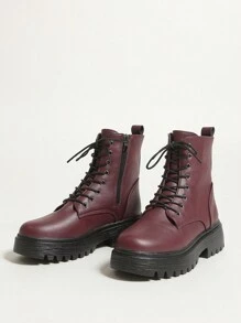 Lý tưởng với áo len cardigan, giày bốt đi mô tô buộc dây màu đỏ rượu vang mới cho mùa thu đông dành cho nữ, giày bốt mũi tròn đế dày, giày bốt cổ ngắn chiến đấu thời trang dành cho cả nam và nữ - Màu Đỏ Sâu - Xem 4