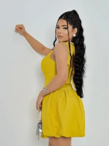 SHORT WOMEN'S DRESS WITH LAUNCH BALLOON SKIRT - 芥末黃 - 查看 4