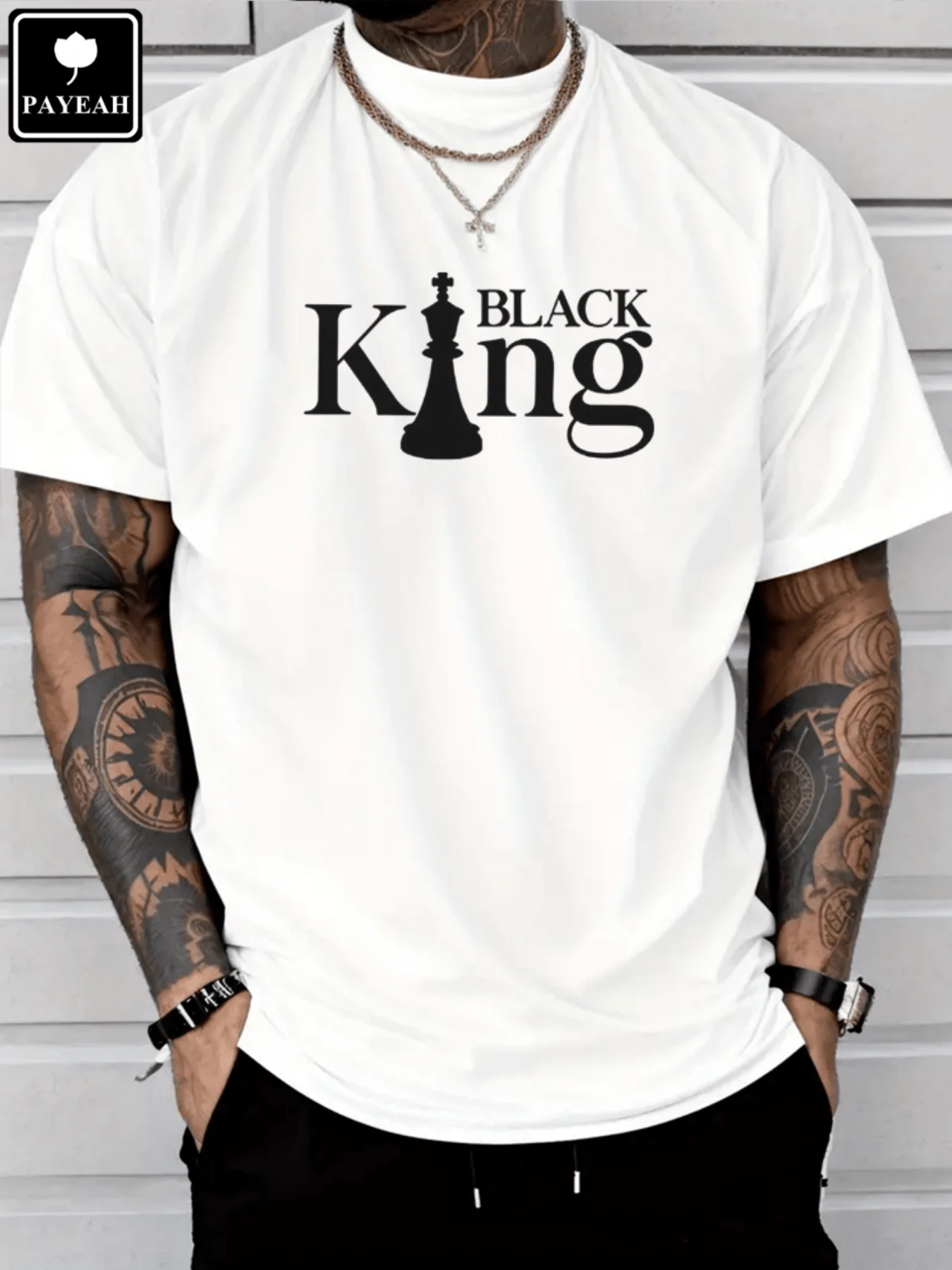 PAYEAH Men's Graphic Print T Shirts Short Sleeve Round Neck Casual Tee Tops Pure Heavy Cotton T Shirt - 白色 - 查看 1