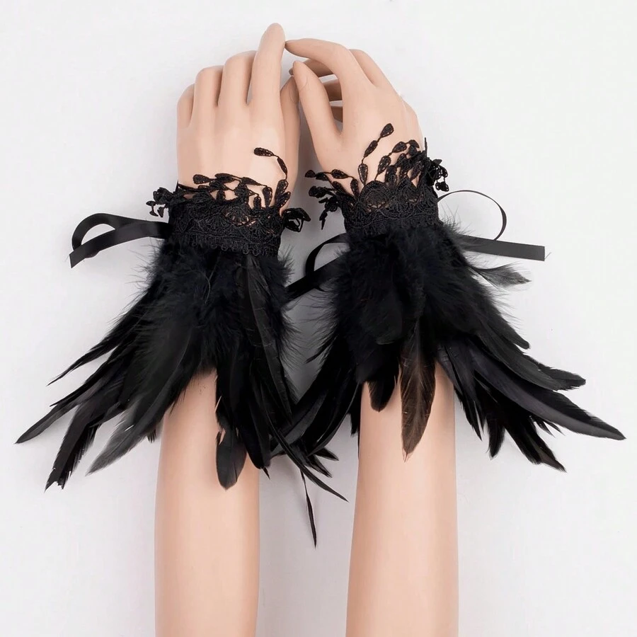 Tassel Feather Gloves Cuffs For Women Cosplay Costume Accessories With Swan Wrist Bands Halloween - Black - View 1