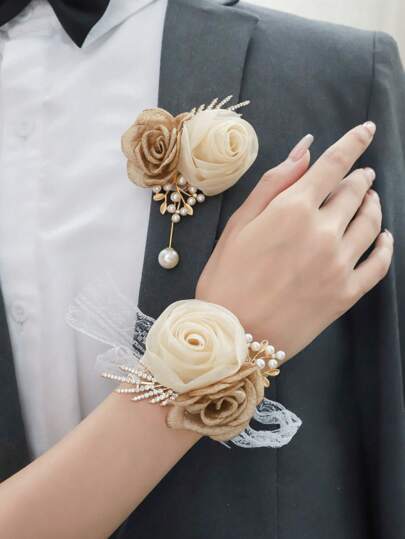 2 件/套高端玫瑰花配金属合金，浪漫胸花和腕带套装，适合新郎、新娘、婚礼、派对、宴会情人节