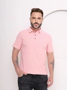 Polo masculino de manga curta monocromático de seda gelada de secagem rápida tecido importado com elasticidade - Rosa chiclete - Visão 1