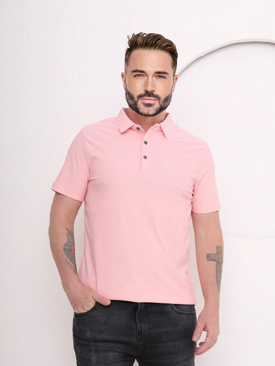 Polo masculino de manga curta monocromático de seda gelada de secagem rápida tecido importado com elasticidade - Rosa chiclete - Visão 1