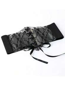 1 件时尚宽蕾丝腰套女士百搭连衣裙上衣装饰腰带，松紧腰带束腰带，纯色 PU 皮革女士适合所有季节、派对和约会腰部训练器 - 彩色 - 查看 6