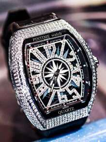 1 pieza Reloj cuarzo de esfera negro poliuretano PU con tira atractivo con diseño de diamante de imitación tonneau, para vida diaria - Negro - Ver 7