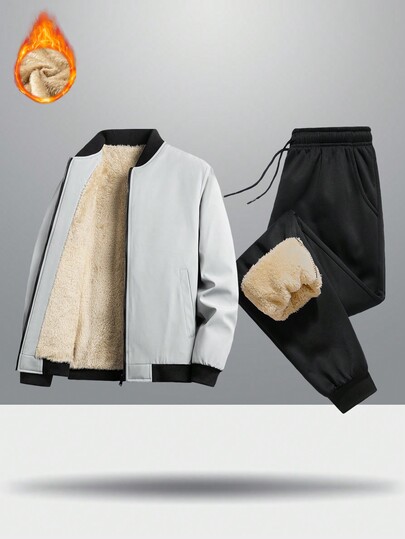 Men's Winter Plush Lined Round Neck Zipper Long Sleeve Coat Plush Lined Drawstring Waist Winter Warm Suit