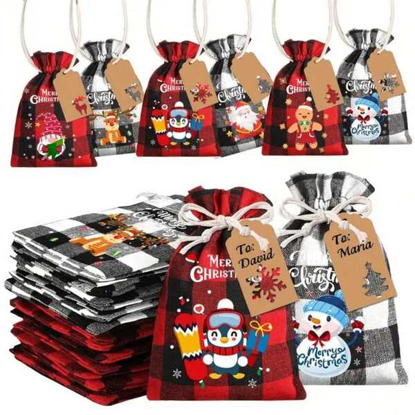 6pcs Christmas Canvas Gift Bags, Plaid Oxford Cloth Drawstring Bags, Linen Fabric Snack & Candy Bags, Drawstring Bags With Christmas Gift Label, Holiday Celebration Decor Bags, Christmas Party Gift Storage Bags,Christmas