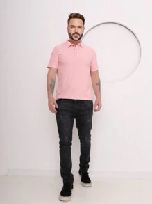 Polo masculino de manga curta monocromático de seda gelada de secagem rápida tecido importado com elasticidade - Rosa chiclete - Visão 3