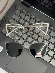 Women's 2-In-1 Metal Clip-On Glasses Frame Kitten CHIC WITH FLANNEL CASE 6526 - trắng - Xem 2