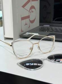 Women's 2-In-1 Metal Clip-On Glasses Frame Kitten CHIC WITH FLANNEL CASE 6526 - trắng - Xem 5