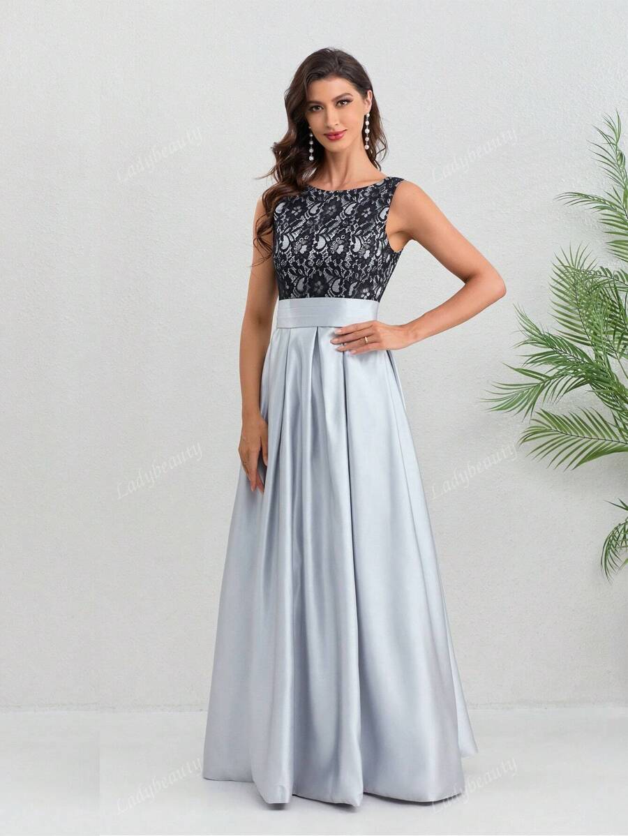 Women Dress Taffeta Lace Long Evening Backless Sleeveless Prom Party