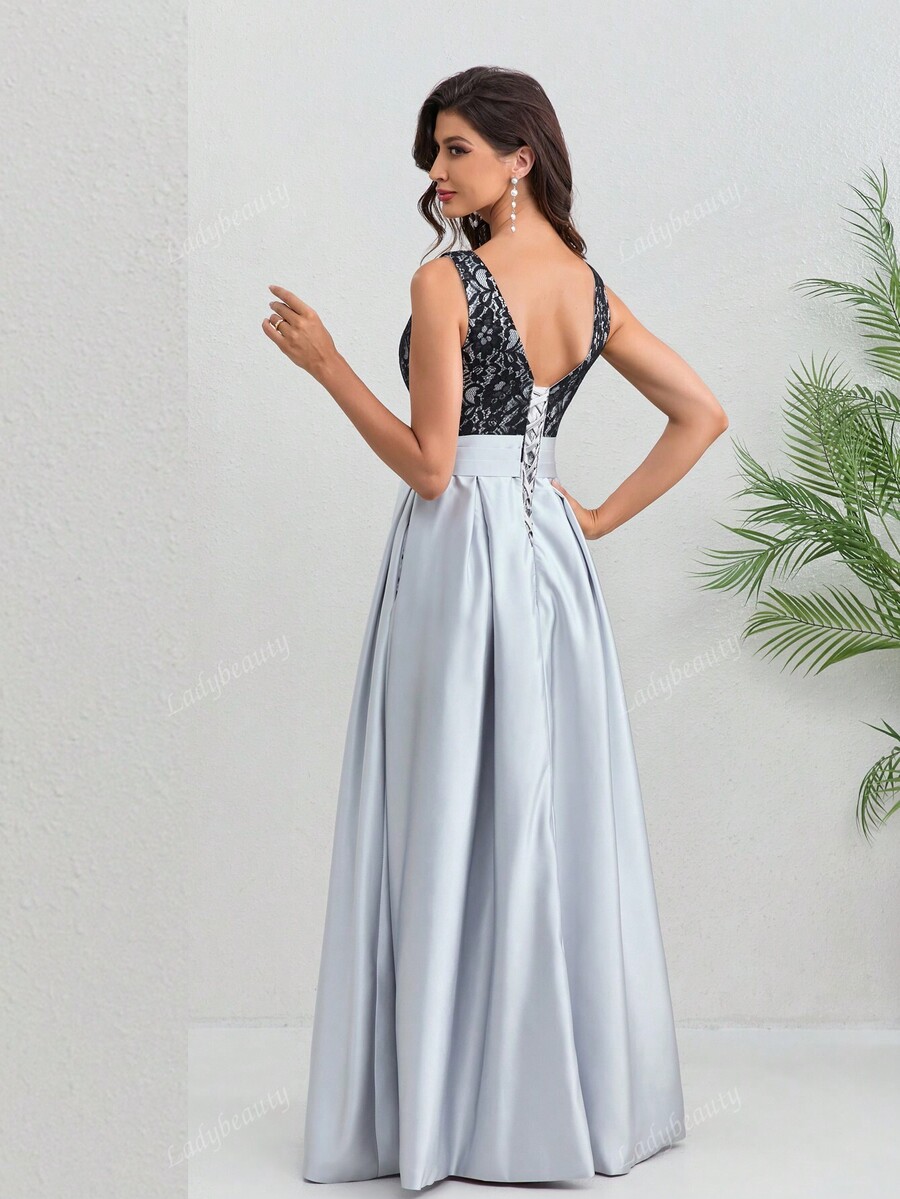 Women Dress Taffeta Lace Long Evening Backless Sleeveless Prom Party