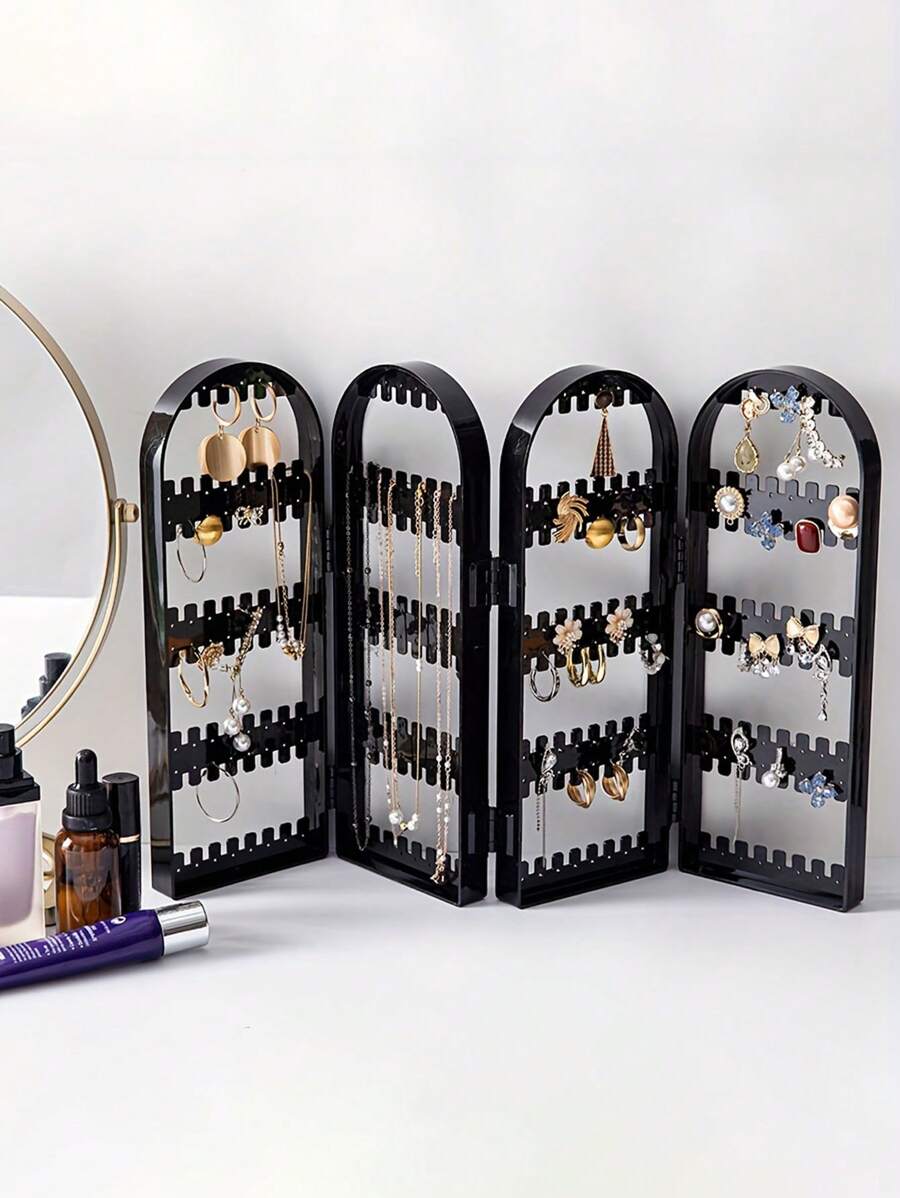 1pc, 4-Layer/2-Layer Hanging Jewelry Box - Four Doors - Black, Foldable Jewelry Rack, Desktop Jewelry Earrings Necklace Pendant Display Rack