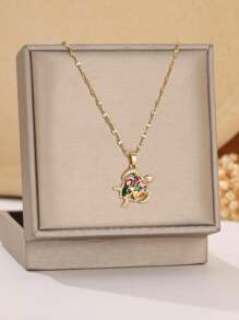 1 pieza Collar de tortuga colorida de la serie Ocean, estilo vacacional, material de cobre con circonita, cadena de labios de acero inoxidable, adecuado para mujeres, regalo ideal para parejas