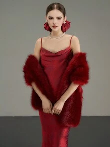 Khăn choàng cổ giả lông thú màu đỏ tía kiểu Âu & Mỹ dành cho cô dâu, áo choàng cổ điển đa năng cho tiệc cocktail, đám cưới, Giáng sinh, sang trọng và quý phái. - Màu Đỏ Sâu - Xem 3