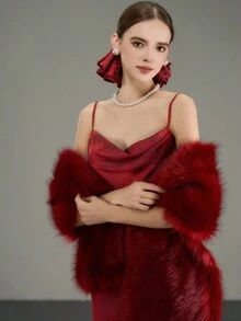 Khăn choàng cổ giả lông thú màu đỏ tía kiểu Âu & Mỹ dành cho cô dâu, áo choàng cổ điển đa năng cho tiệc cocktail, đám cưới, Giáng sinh, sang trọng và quý phái. - Màu Đỏ Sâu - Xem 5