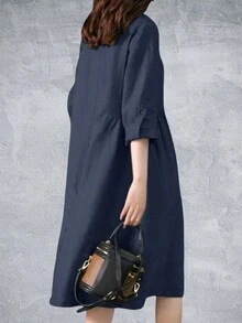 Women Pleating Casual Long Sleeve Shirt Dress Holiday  Loose Solid Colour Long Dresses - Blue - View 4
