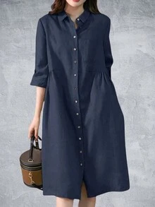 Women Pleating Casual Long Sleeve Shirt Dress Holiday  Loose Solid Colour Long Dresses - Blue - View 3