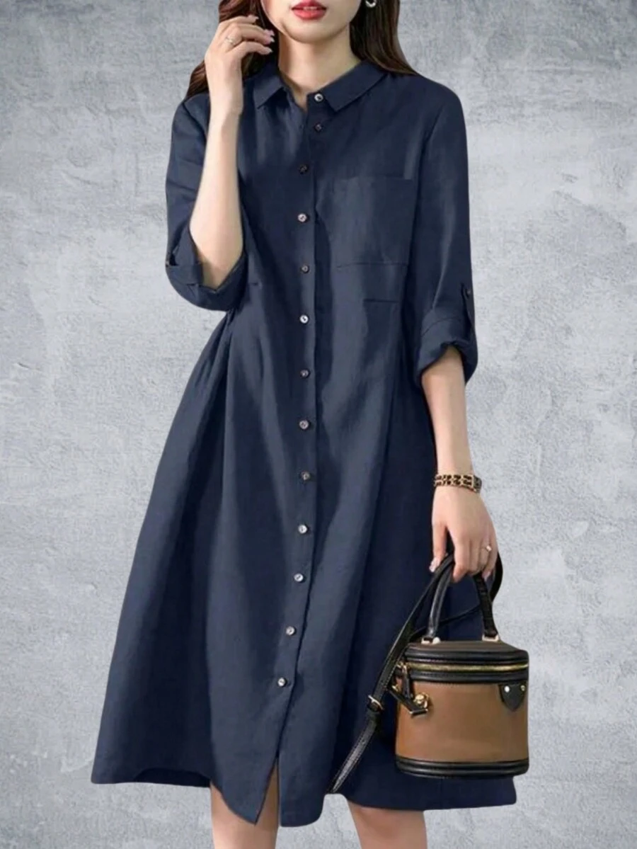 Women Pleating Casual Long Sleeve Shirt Dress Holiday  Loose Solid Colour Long Dresses - Blue - View 1