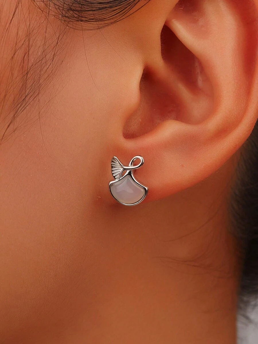 1 Cặp bông tai khảm đá mã não bạc Sterling 925, phong cách lá bạch quả, sang trọng cao cấp thanh lịch phù hợp cho phụ nữ mặc hàng ngày, đi nghỉ và dự tiệc - Bạc - Xem 1