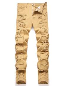 Men's Fashionable Fringe Elastic Skinny Jeans - Khaki - View 1