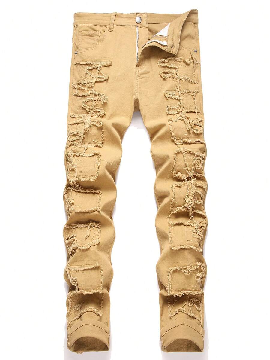 Men's Fashionable Fringe Elastic Skinny Jeans - Khaki - View 1
