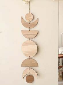 1pc Vintage Sun & Moon Wooden Wall Hanging Decor, Handmade Wooden Slice Craft Item, Home Decoration, Ramadan Decoration - Wood Color - View 5