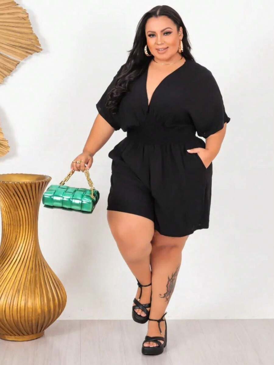 Women's Plus Size Low-Cut Casual Jumpsuit - màu đen - Xem 1