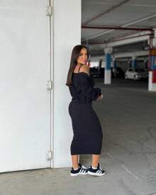 Women's Set Dress + Coat With Padded Cup - màu đen - Xem 3